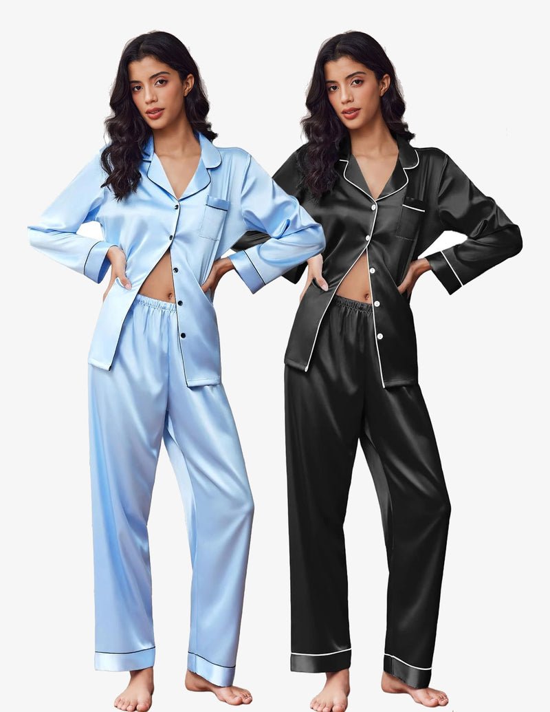 2-pack satin pajama sets: light blue button-front and black button-front with contrast trim