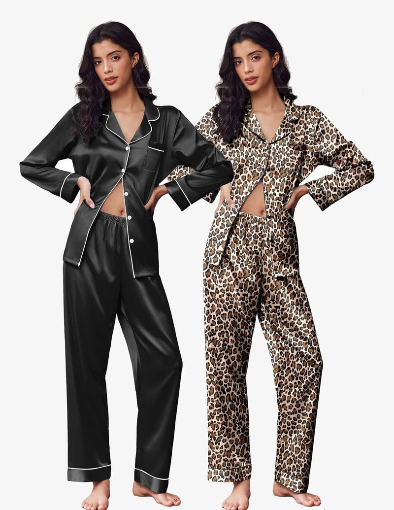 2-pack satin pajama sets: black button-front and leopard print button-front, long sleeves