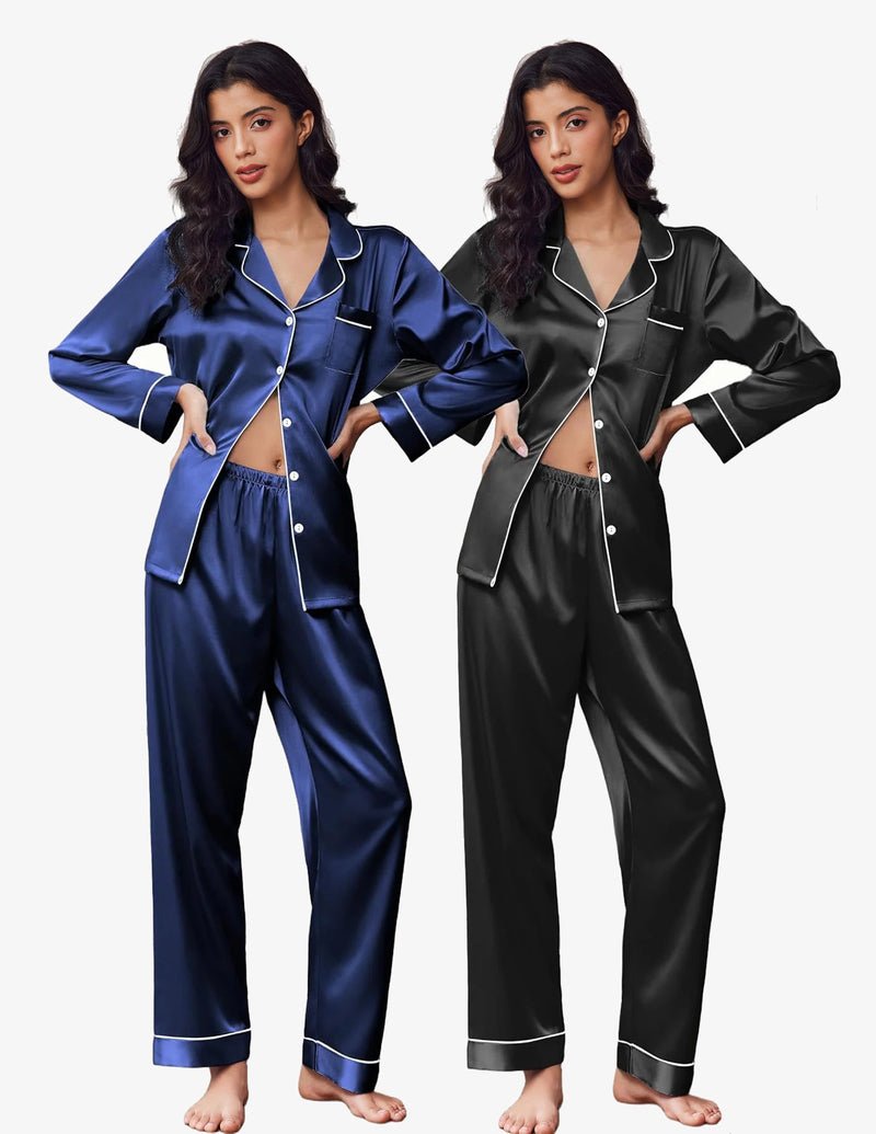 2-pack satin pajama sets: blue button-front and black button-front with white piping