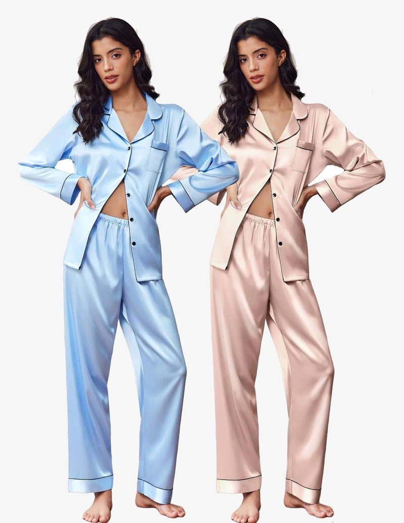 Two-pack satin pajama set: button-down top and long pants in light blue & champagne
