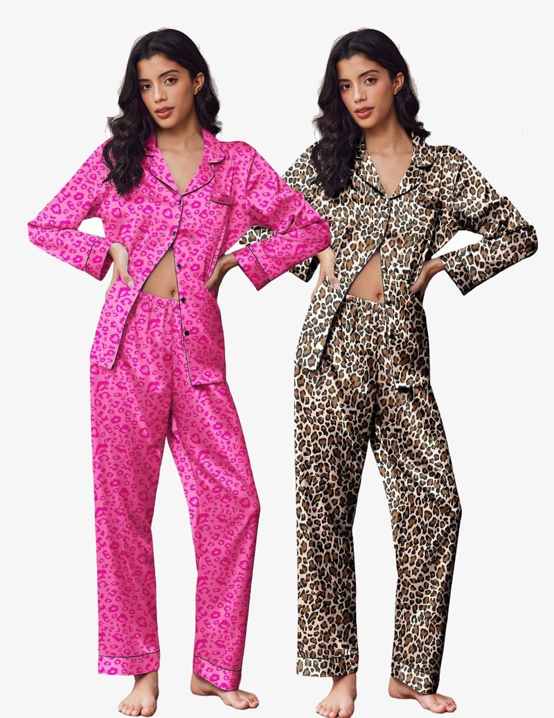 2-pack satin pajama sets: pink leopard heart print and leopard print with button-front