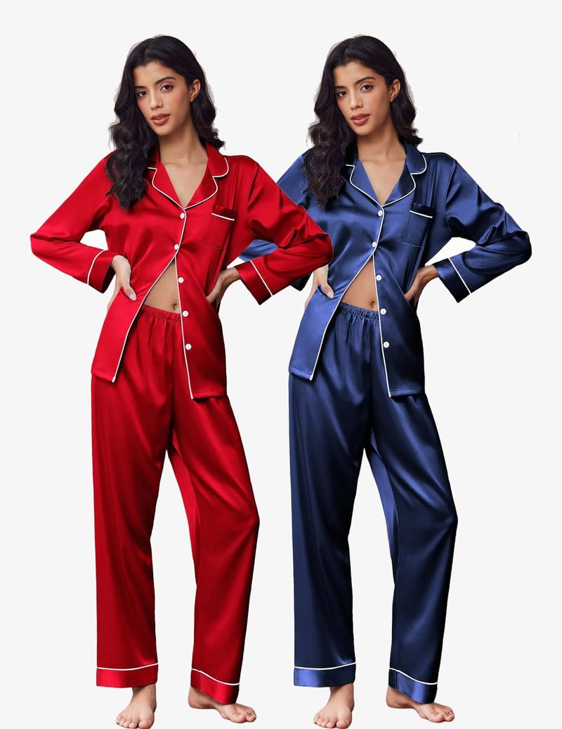 2-pack satin pajama sets: red button-front and navy button-front with contrast piping