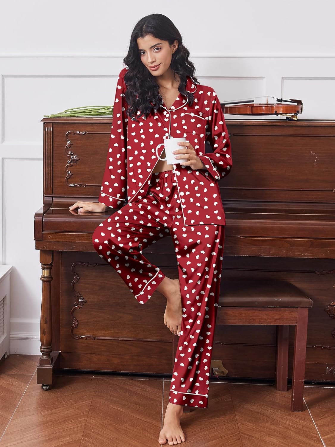 Red satin pajama set with all-over small heart print, button-front top and pants