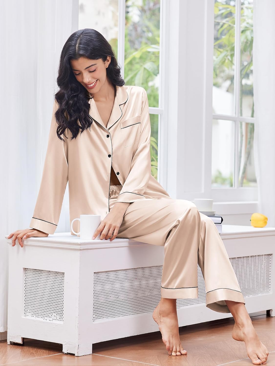 Light champagne satin pajama set with button-front shirt and wide-leg long pants