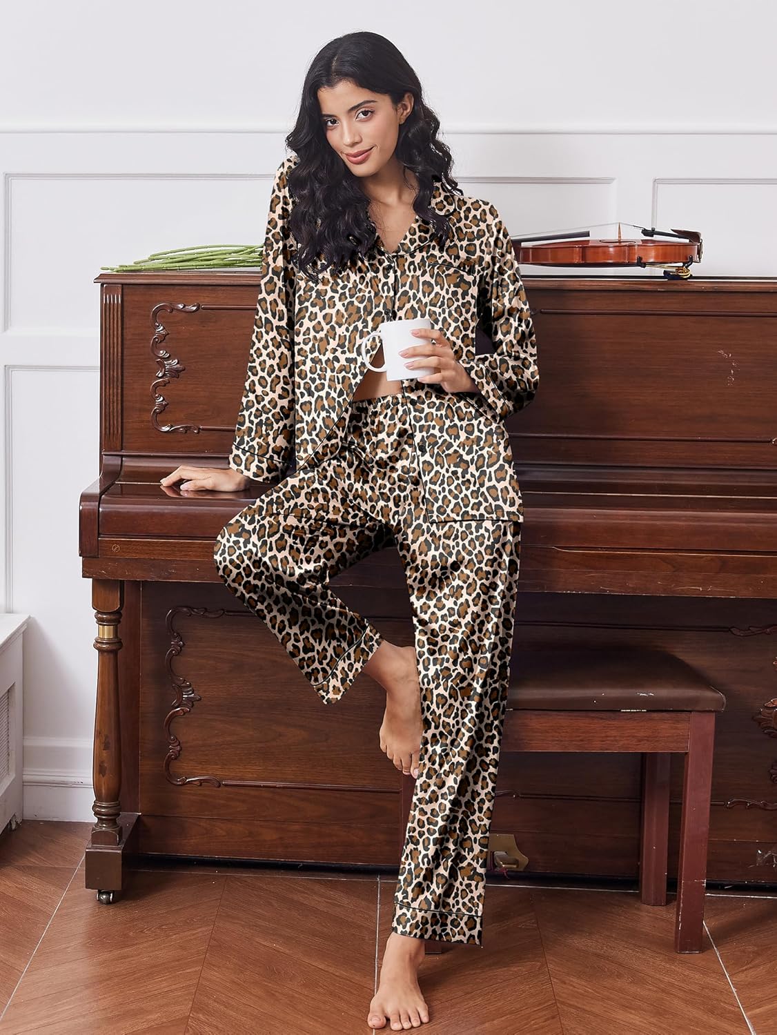 Leopard-print satin pajama set with button-up top and long pants