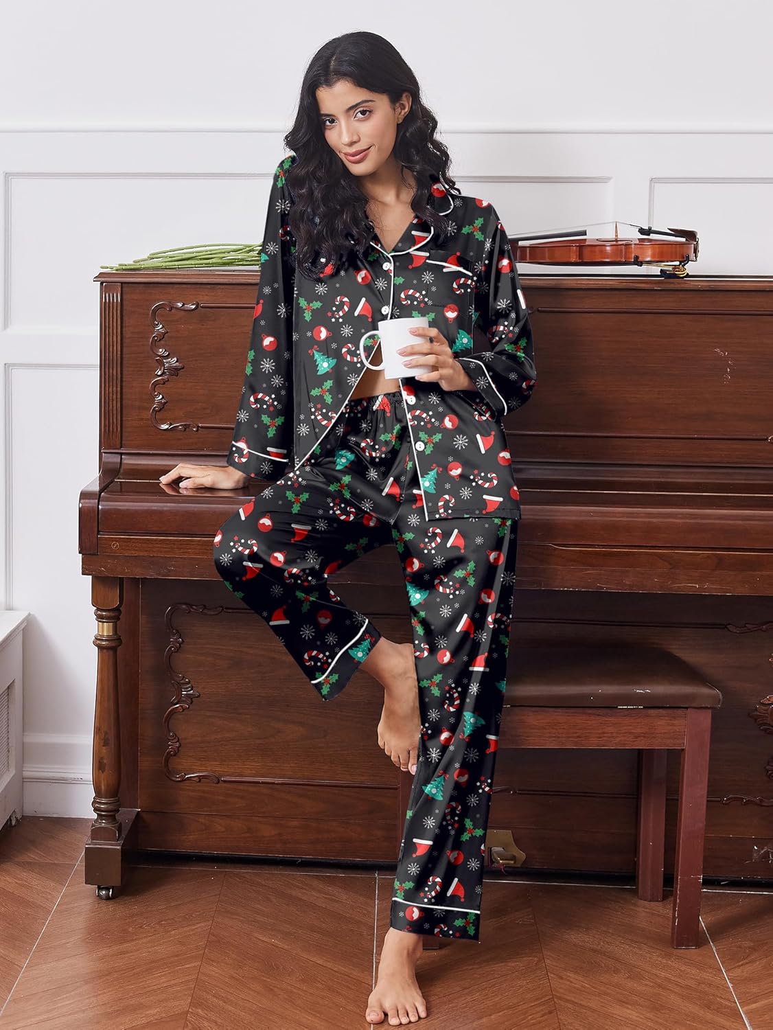 Black leopard satin pajama set with button-up top and long pants