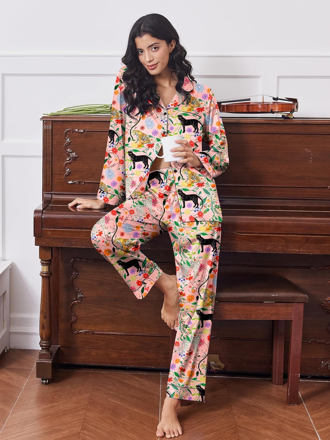 Colorful animal-print satin button-front pajama set with long sleeves and pants