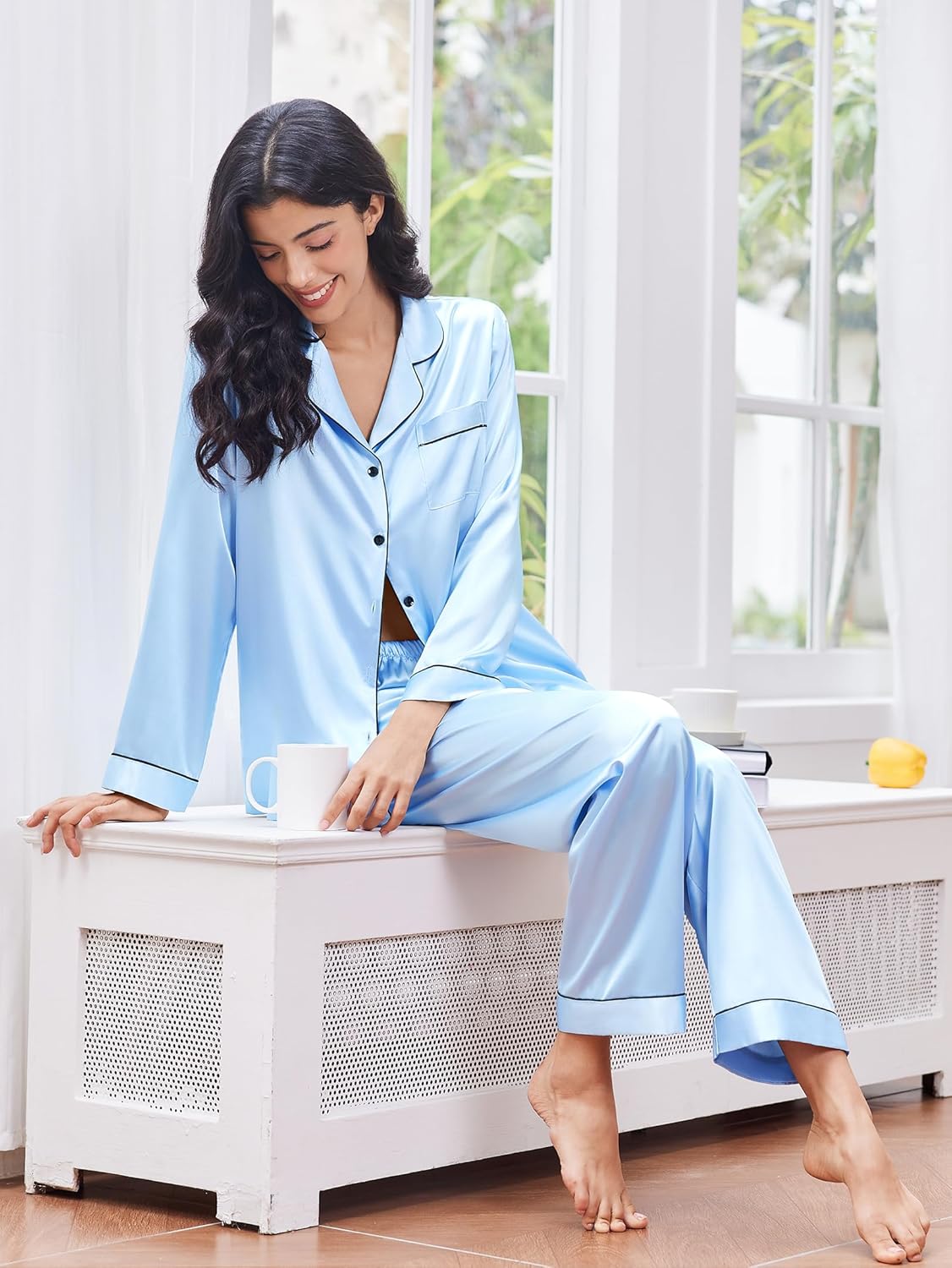 Light blue satin button-up pajama top with matching long trousers