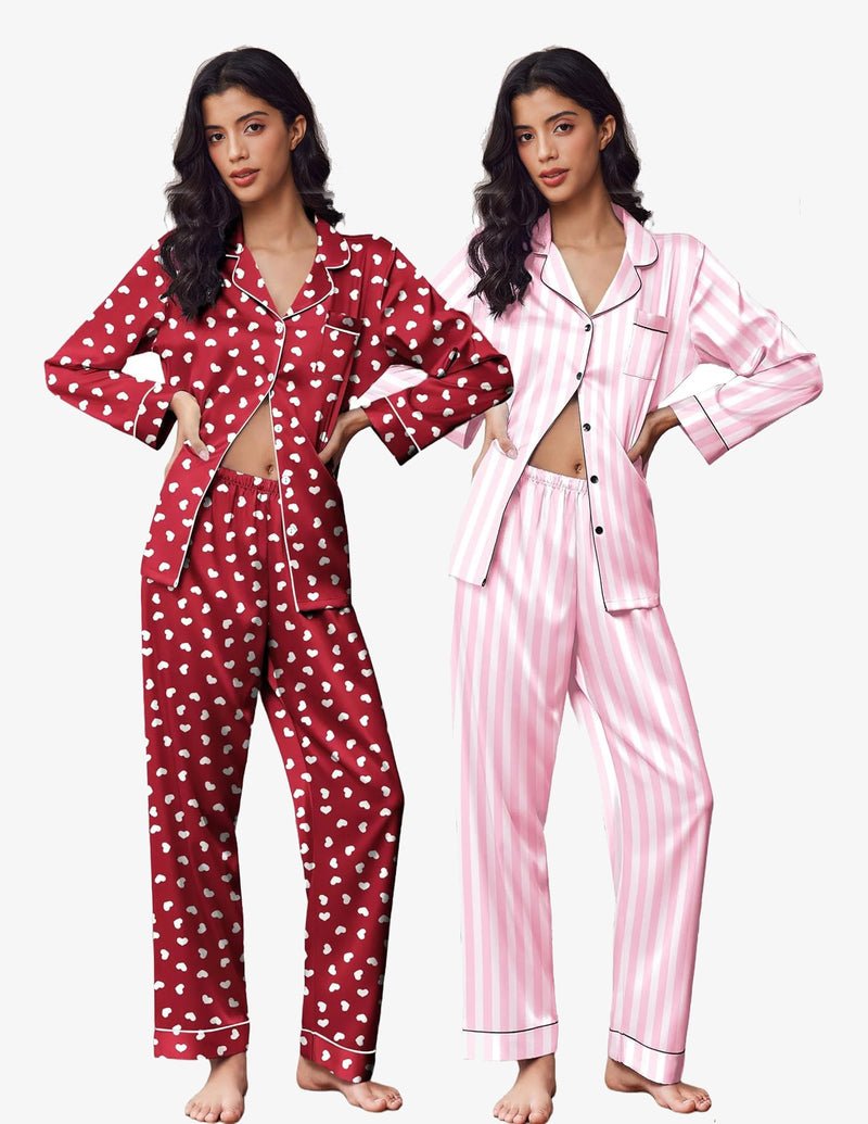 Red patterned button-down satin pajama set and pink striped pajama set, 2-pack