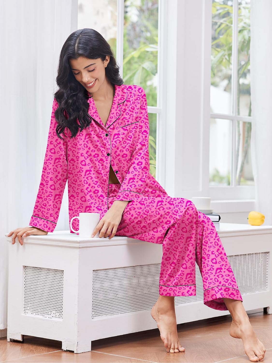 Pink leopard satin pajama top with button front and matching long pants
