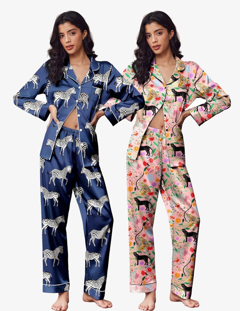 2-pack satin pajama sets: navy zebra print and pink floral animal print, button-front