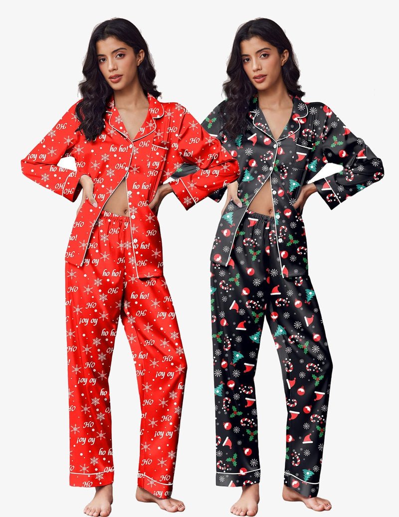 2-pack satin pajama sets: red holiday text print and black holiday animal print, button-front
