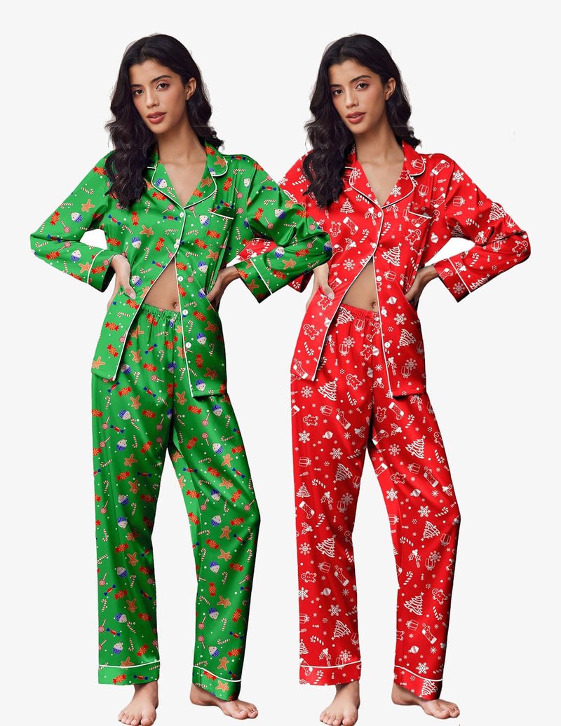 2-pack satin pajama sets: green festive print and red festive print, button-front