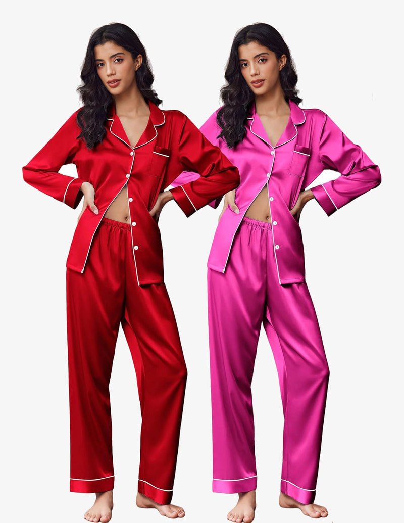 2-pack satin pajama sets: red satin button-front and fuchsia satin button-front with trim