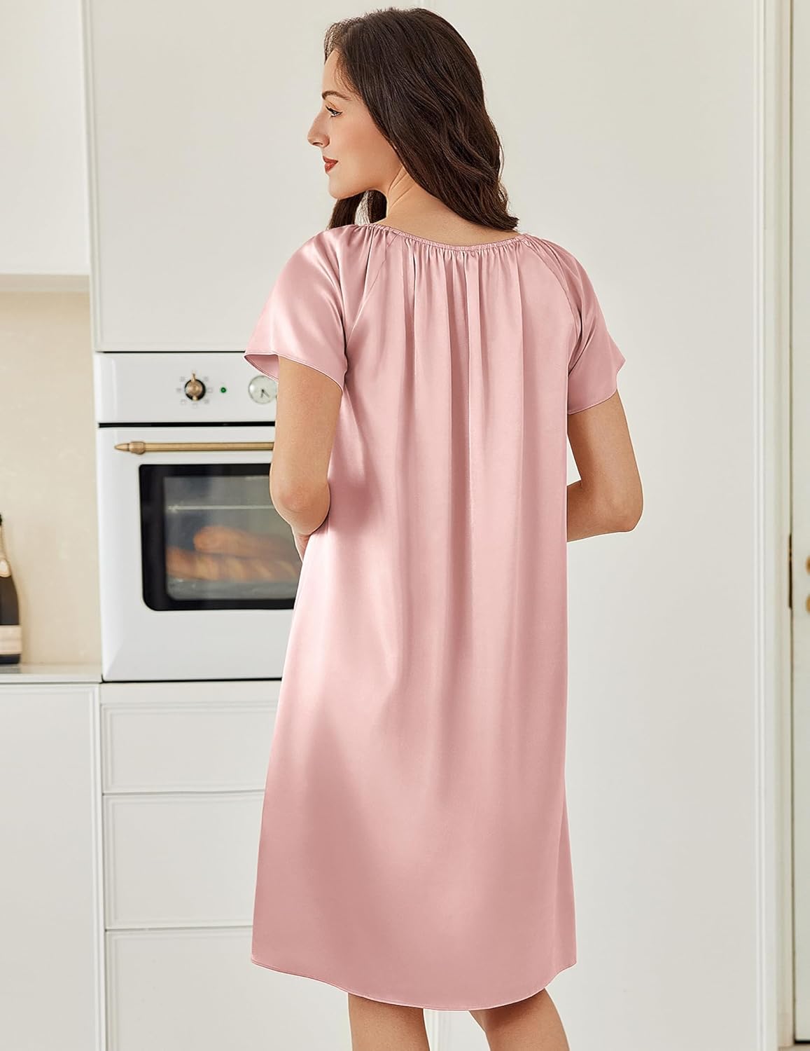 Silk nightgown back view, soft pink loose pleated dress, short sleeves