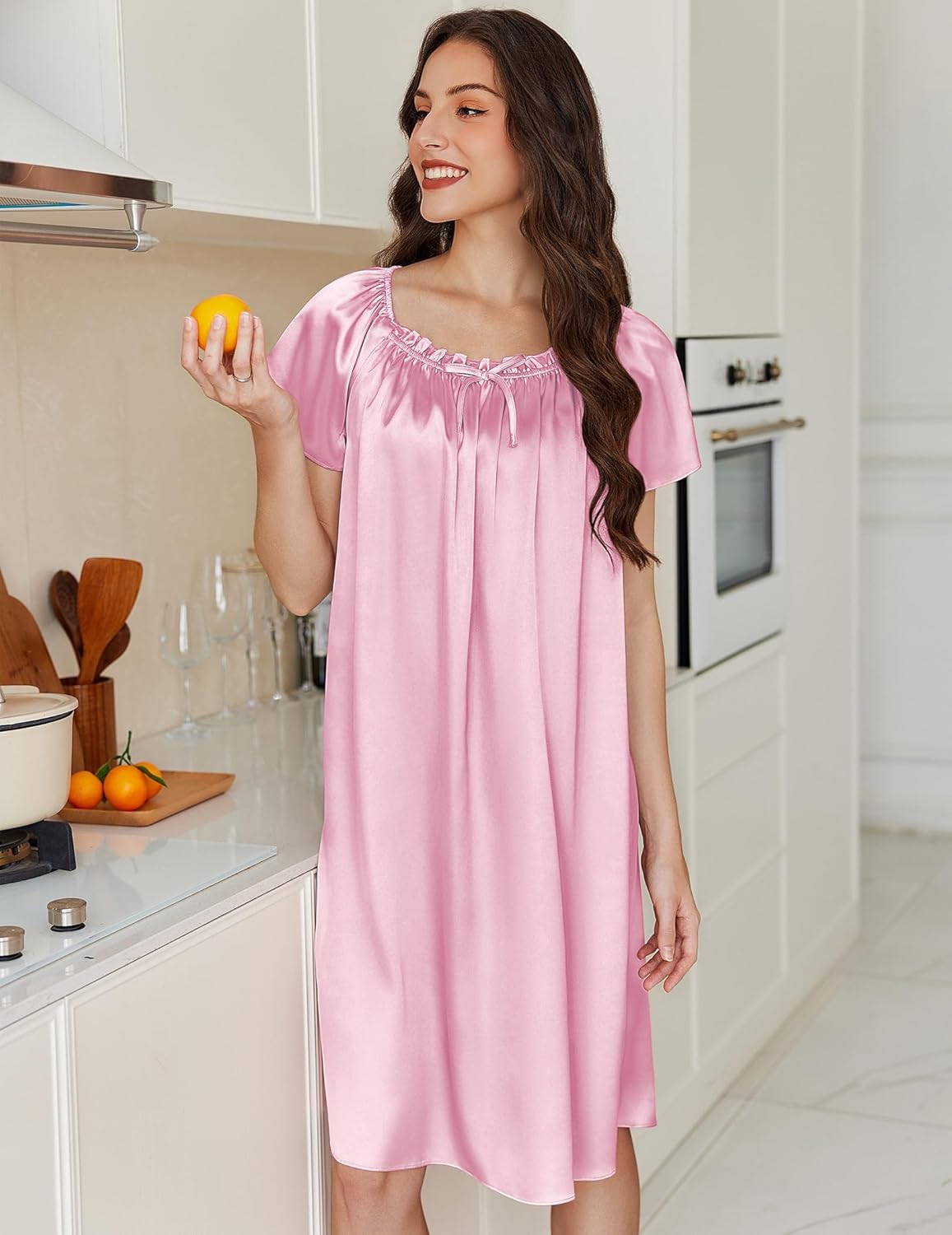 Silk nightgown in pink, off-shoulder ruched trim, short sleeves, loose A-line
