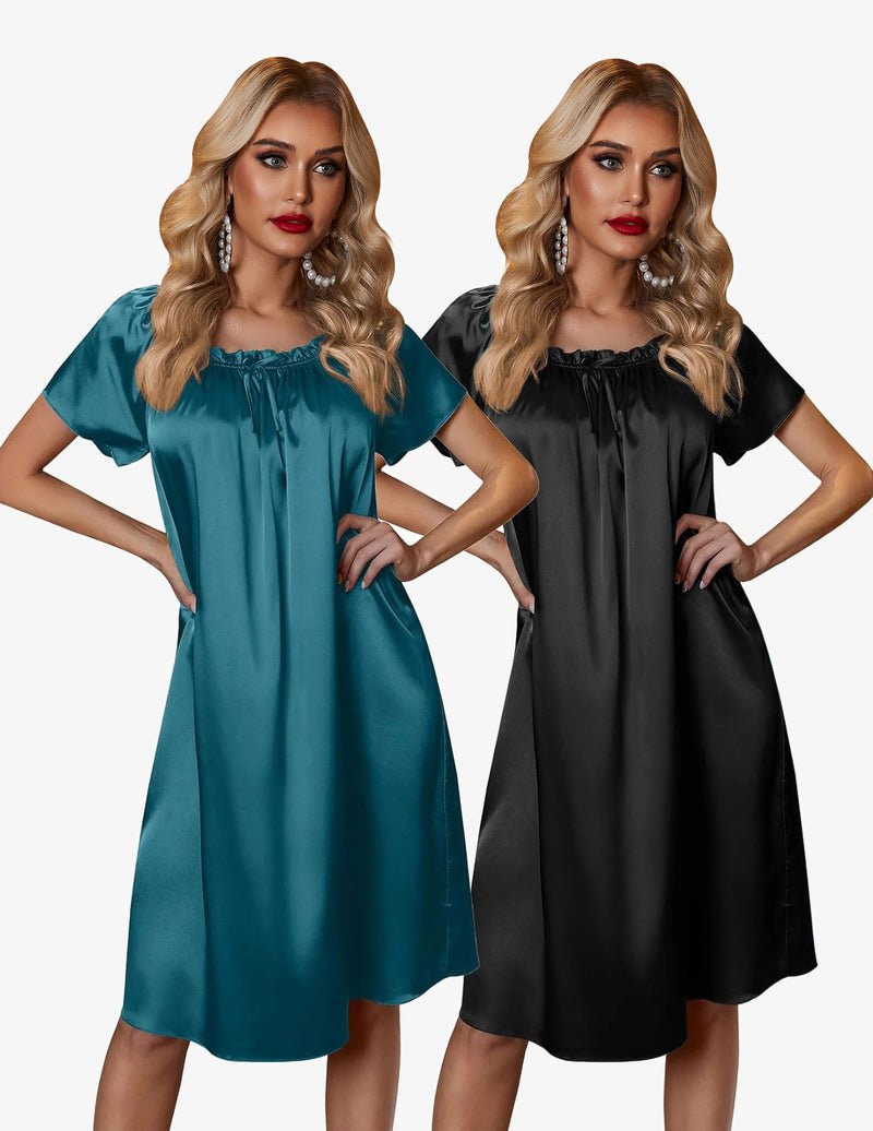 2-pack silk nightgown, pleated loose style, teal and dark black, short sleeves