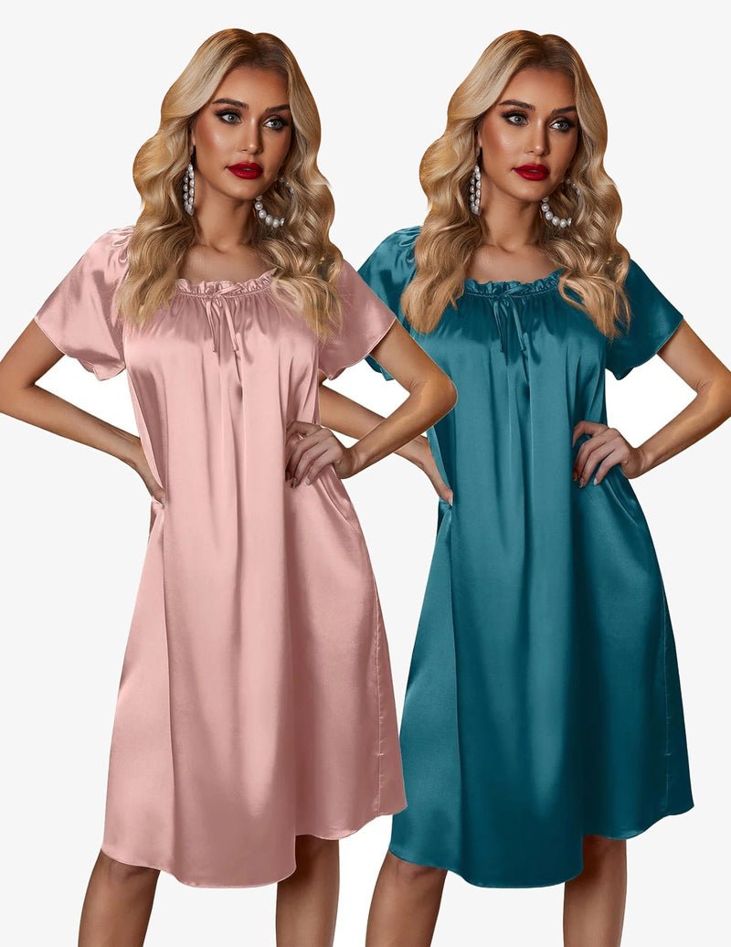 2er-Set Satin-Nachthemdkleid: rosa und petrolblau, geraffter Halsausschnitt, kurze Ärmel