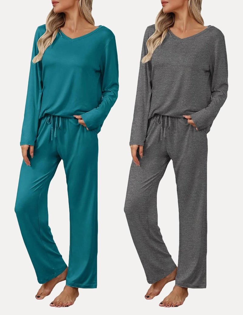 Teal solid long-sleeve pajama set with drawstring pants