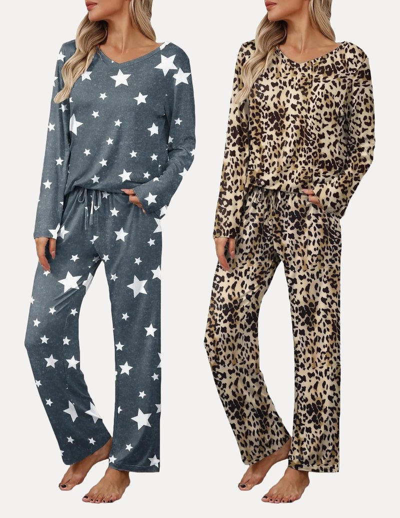 Dark gray star pajama set: long-sleeve top and drawstring pants