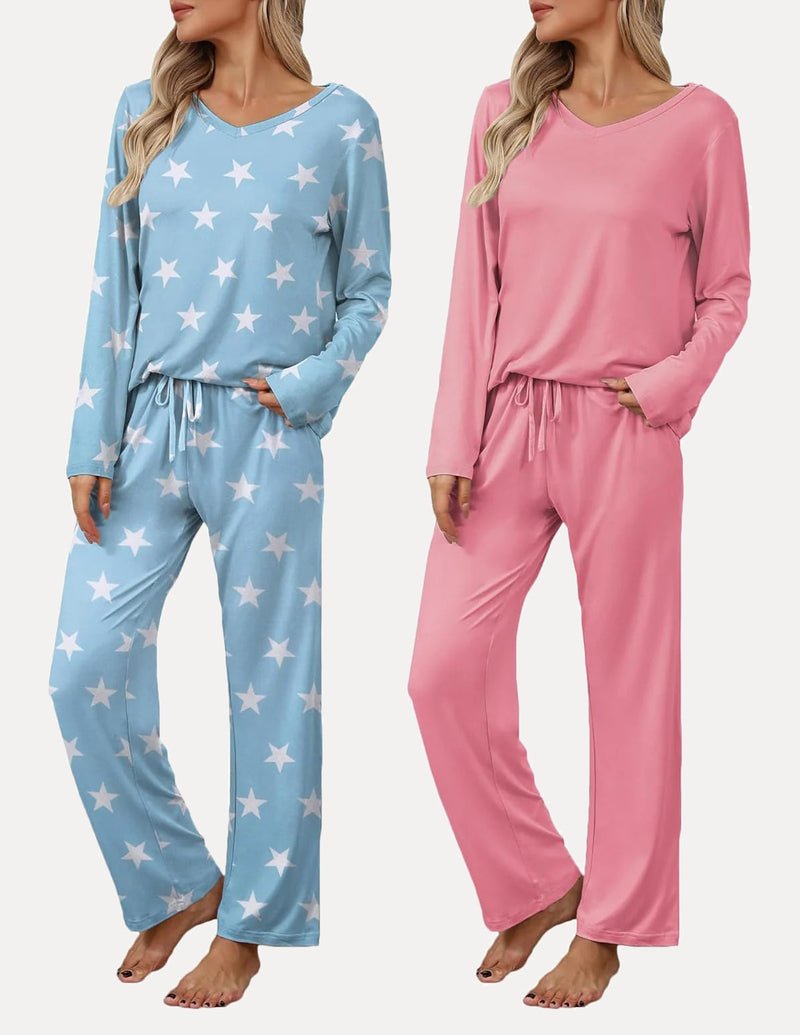 Light blue star pajama set with long-sleeve top and drawstring pants