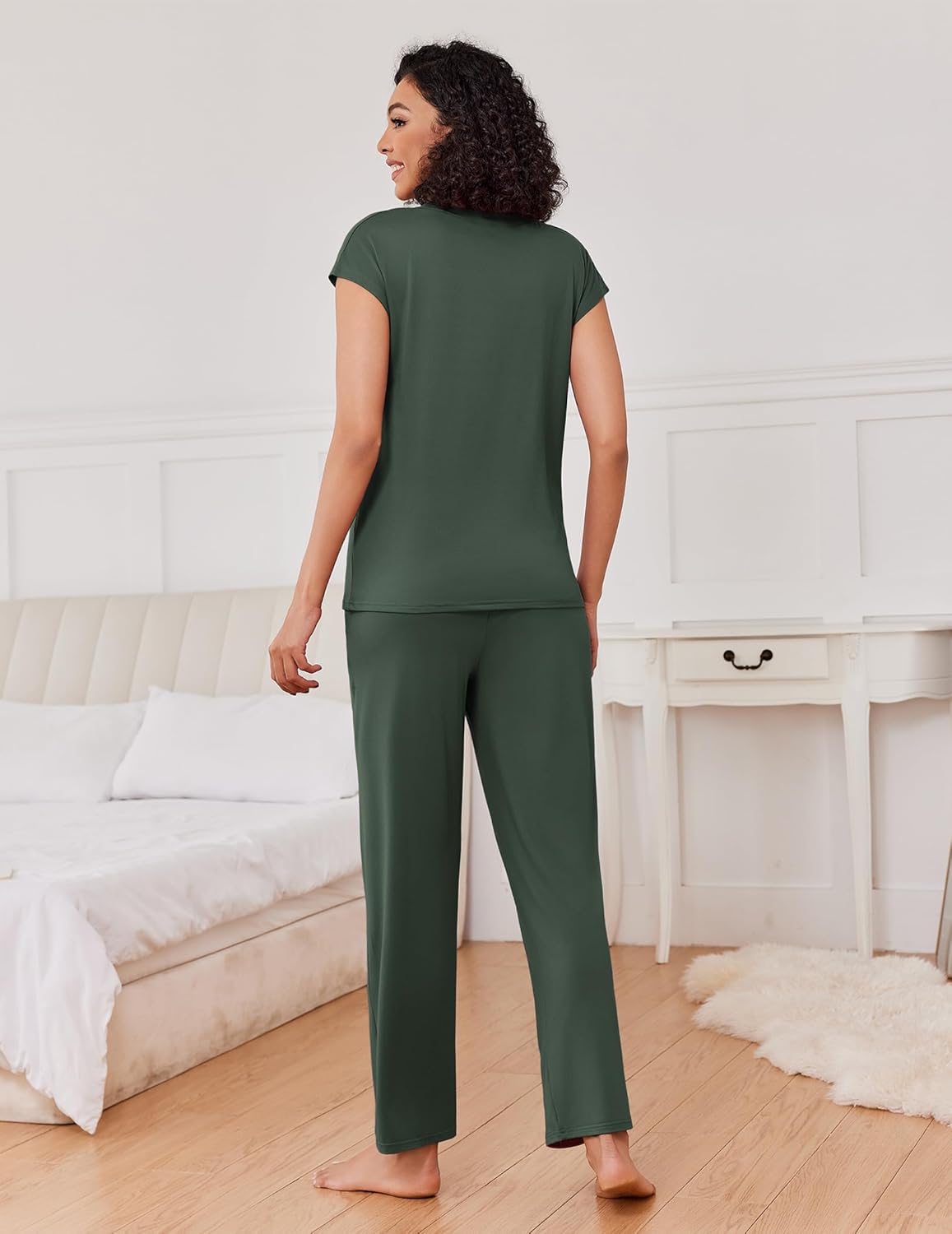 Solid green pajama set with cap-sleeve top and long pants, back view