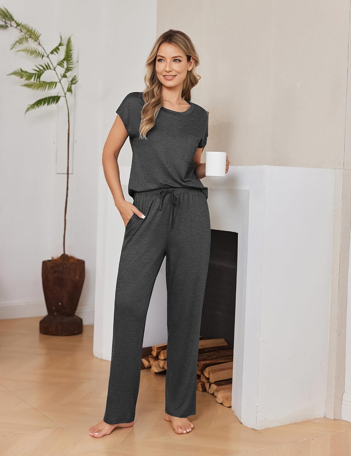 Charcoal grey cap-sleeve top and wide-leg pajama pants set