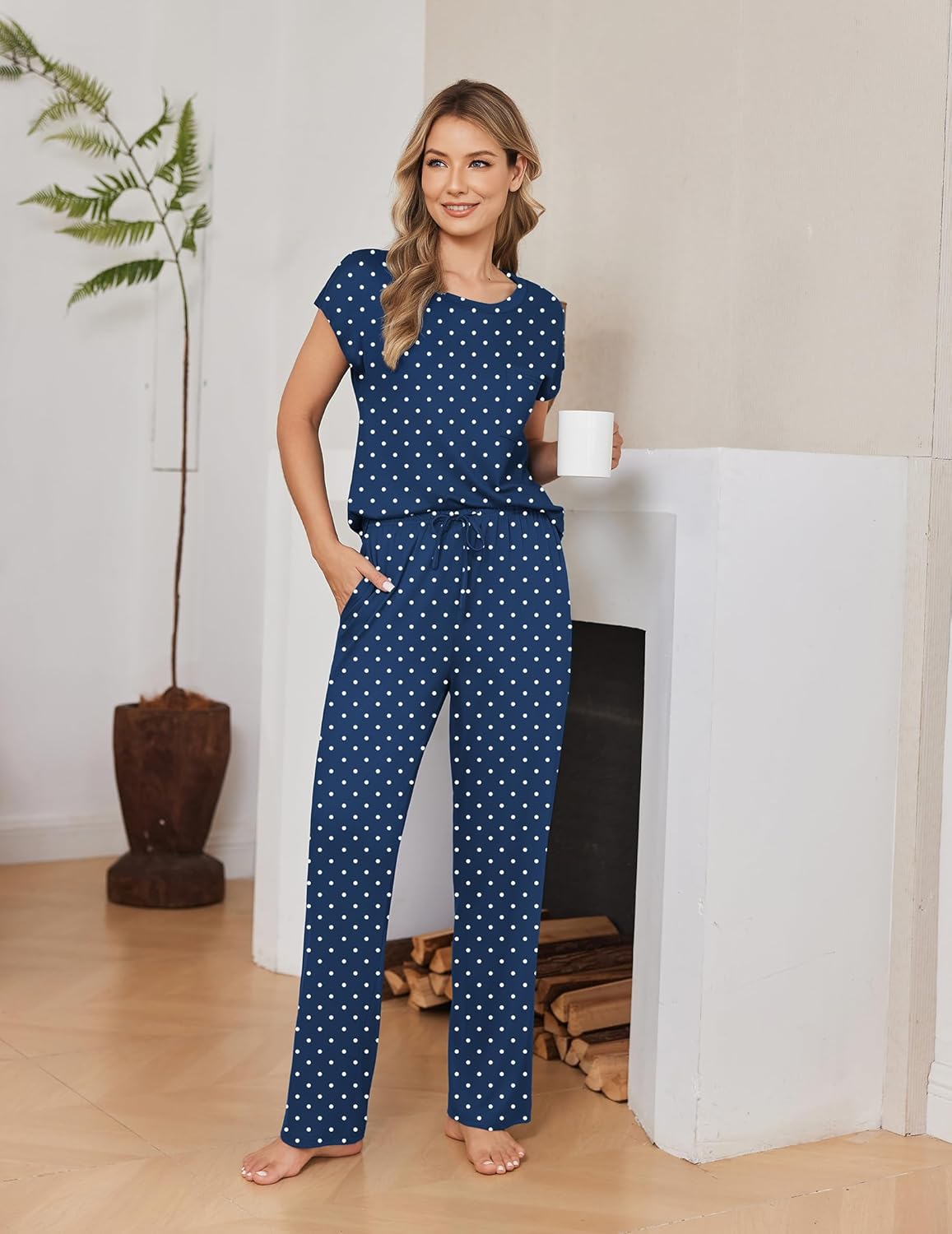 Navy blue polka-dot cap-sleeve top and long pajama pants set