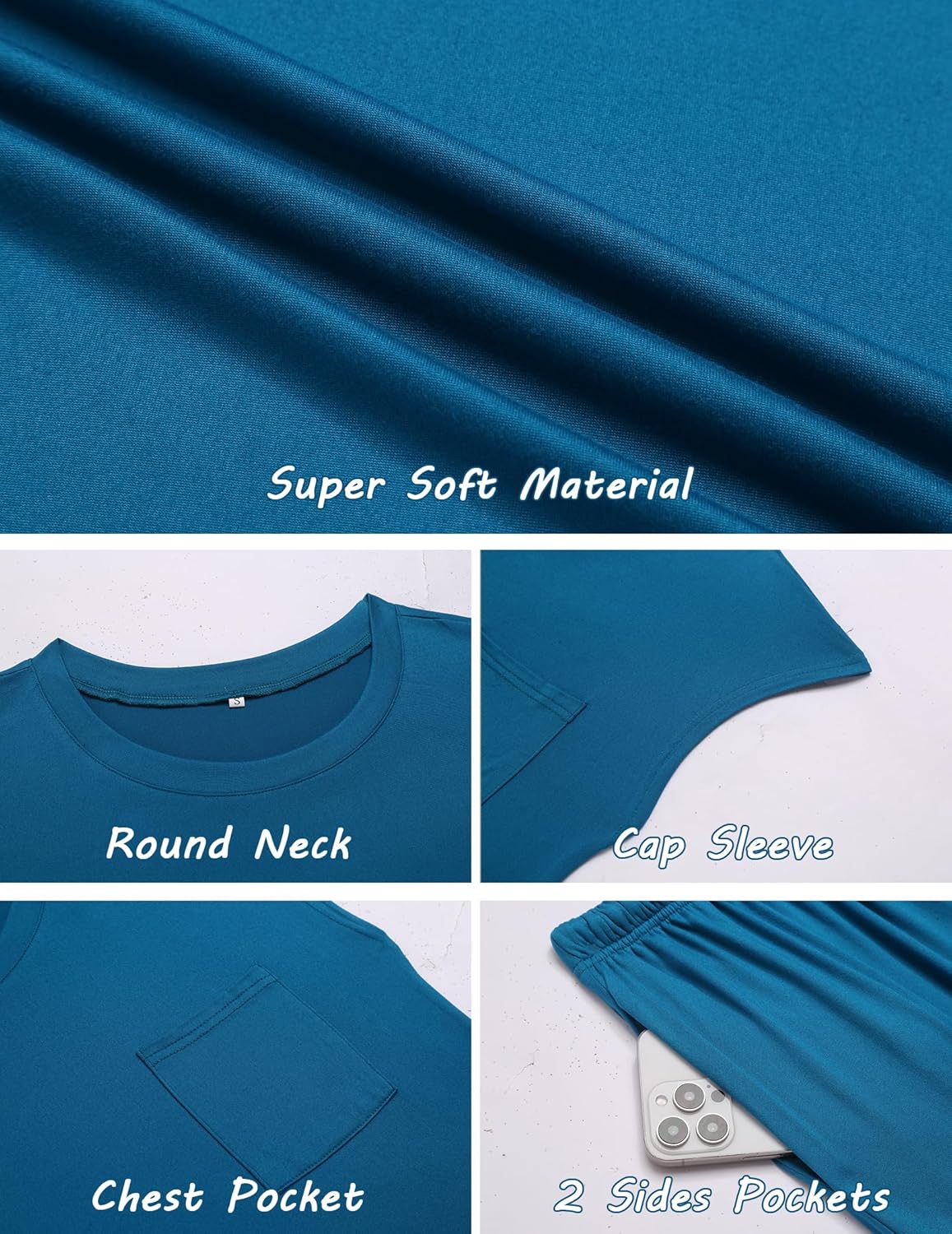 Teal cap-sleeve sleep top with round neck and chest pocket; soft knit fabric