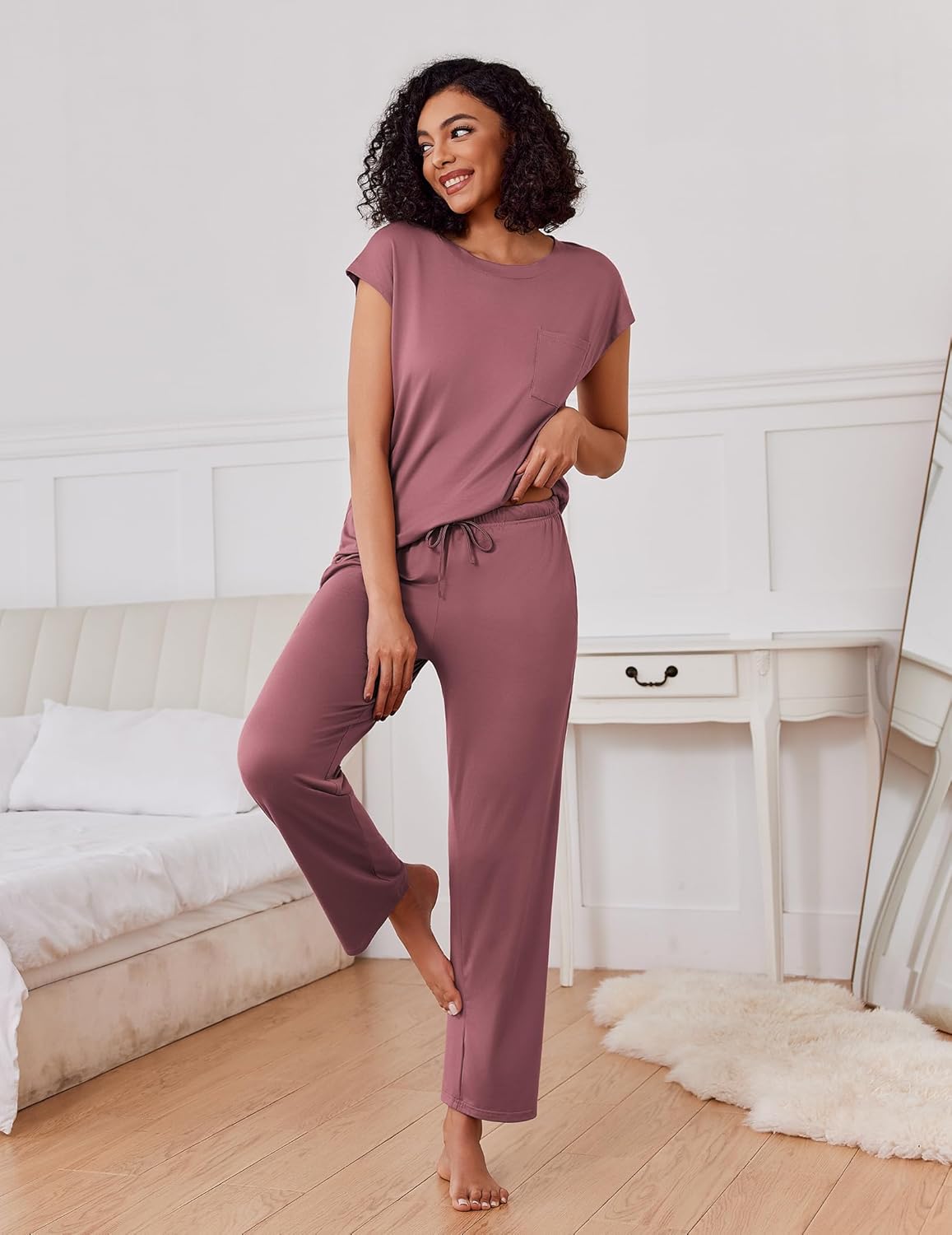 Dusty rose/pink pajama set with cap-sleeve top and long pants, 3/4 standing view