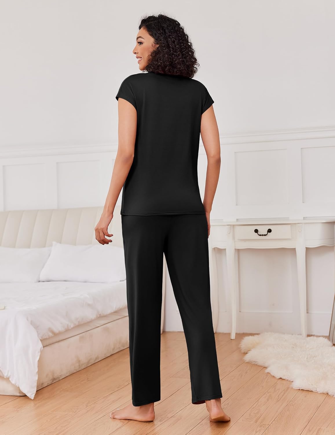 Black sleep set back view: cap-sleeve top and jogger pants