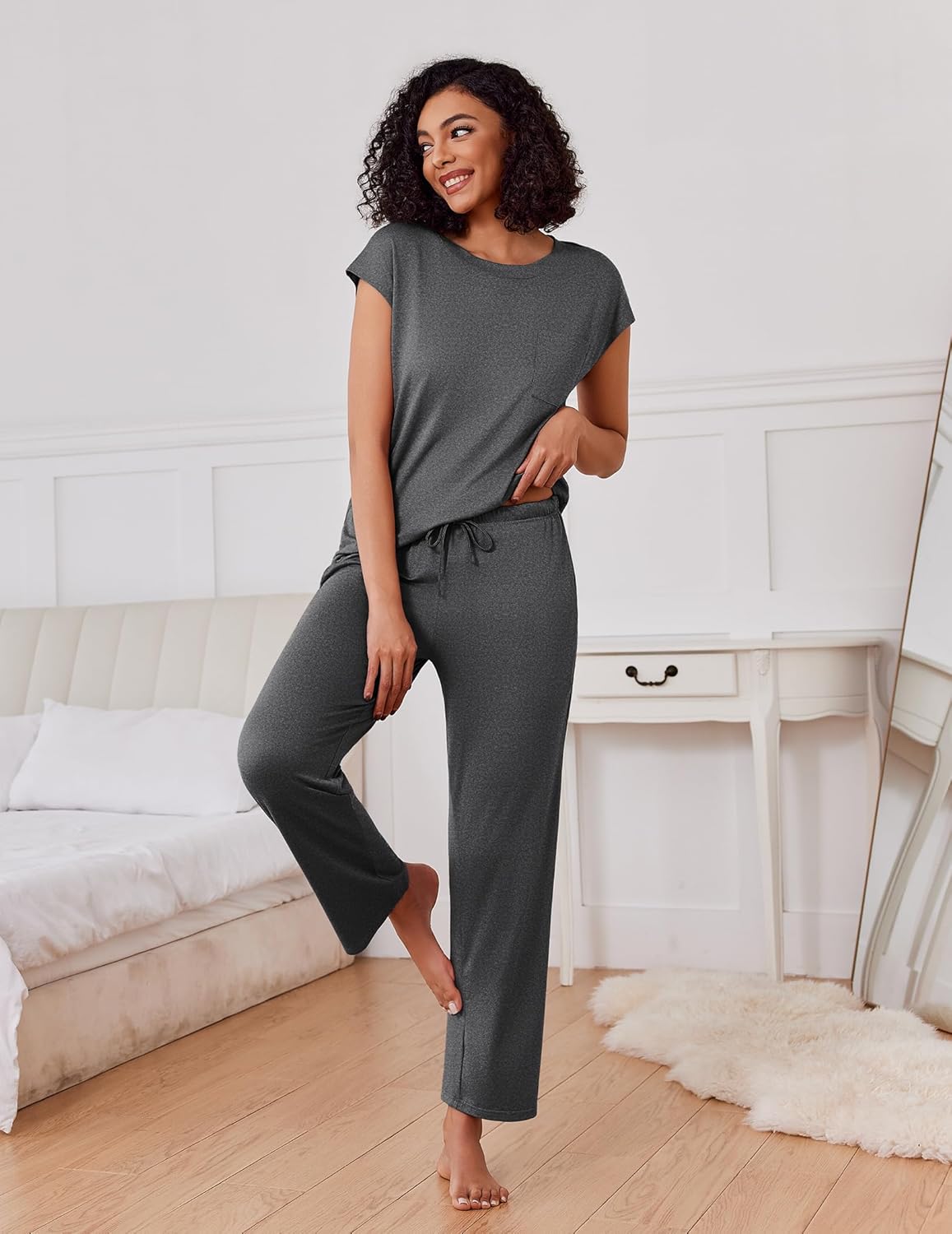 Heather dark grey cap-sleeve top with drawstring-waist pajama pants