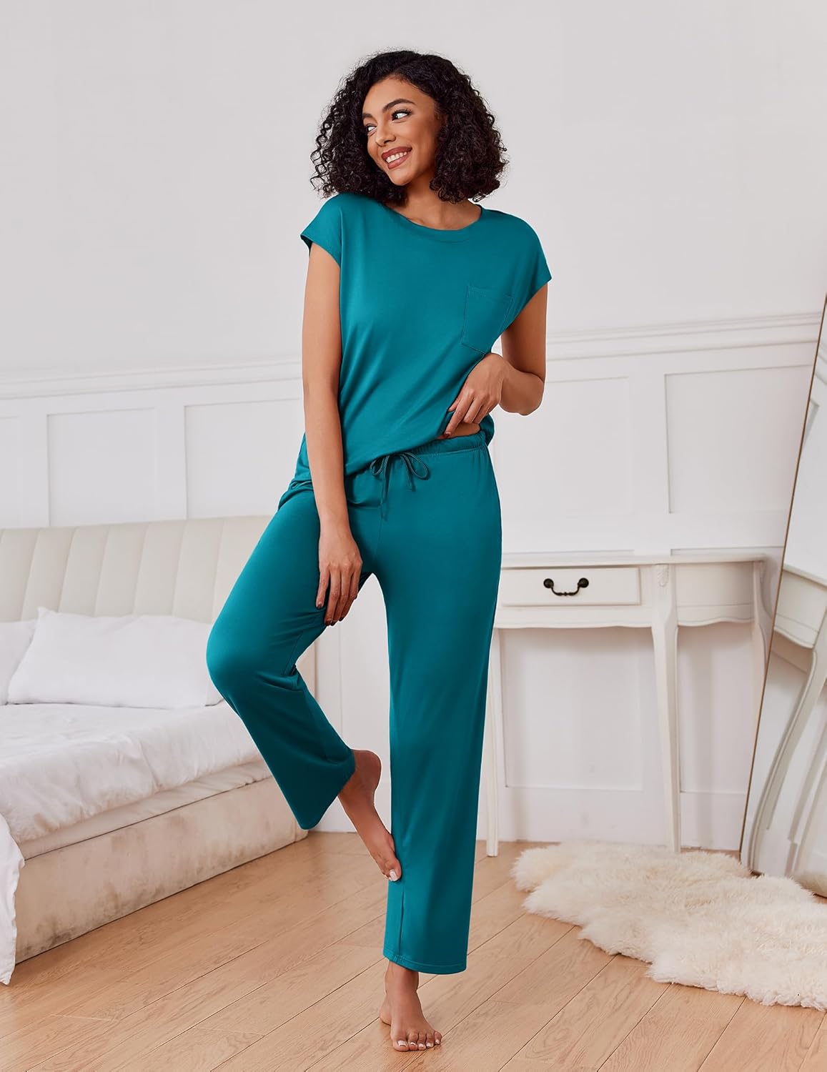 Teal cap-sleeve sleep set with drawstring waist jogger pants