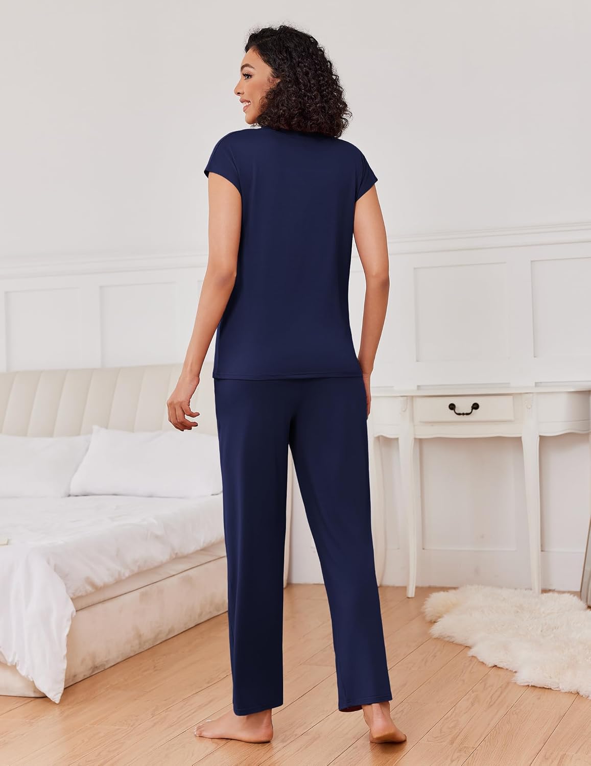 Navy blue cap-sleeve pajama set, long pants with drawstring waist