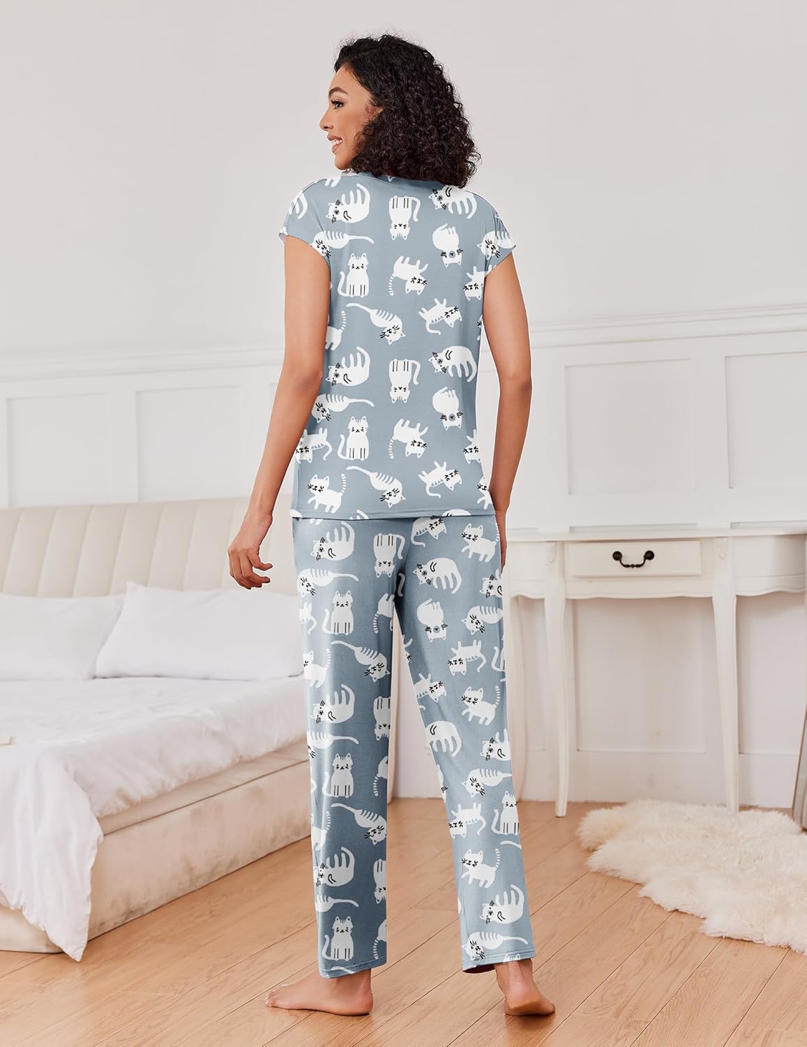 Cap-sleeve pajama set, back view with animal-print pants in blue-gray and white