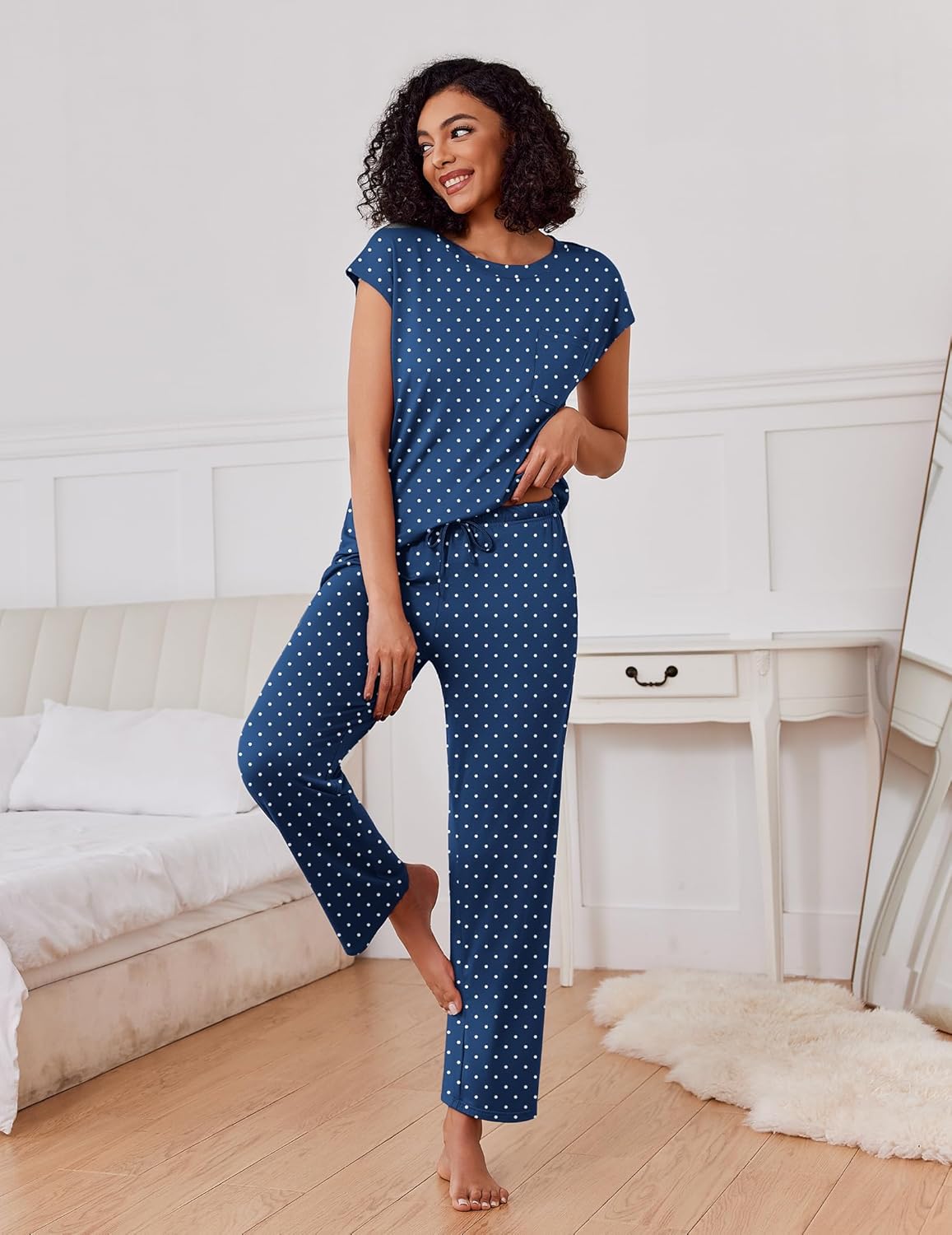 Navy blue polka-dot cap-sleeve top and straight-leg pajama pants set