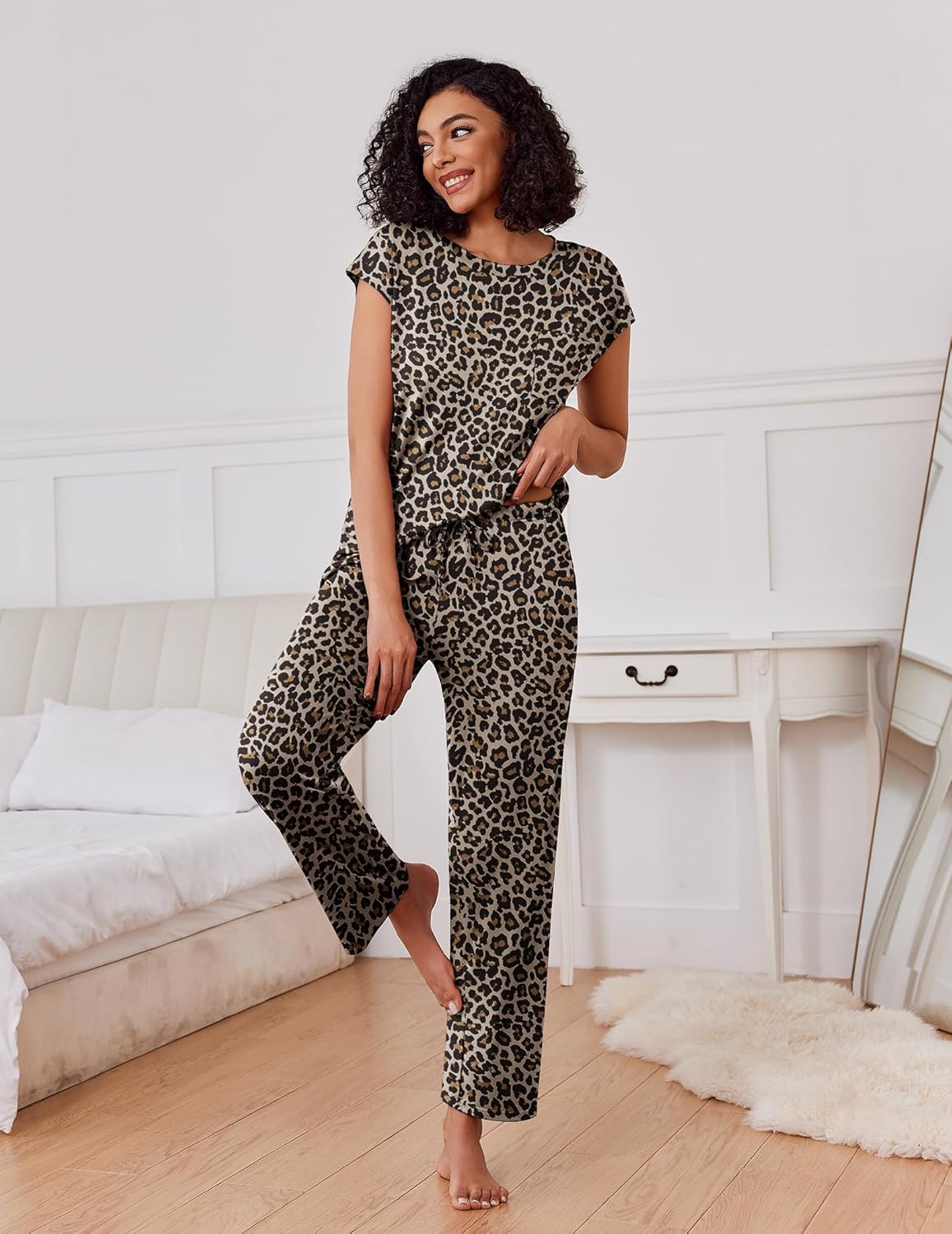 Leopard print cap-sleeve pajama top and long pants set, relaxed full-body view