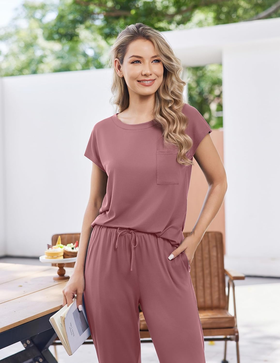 Dusty rose/pink cap-sleeve pajama set with pocket top and drawstring pants, front