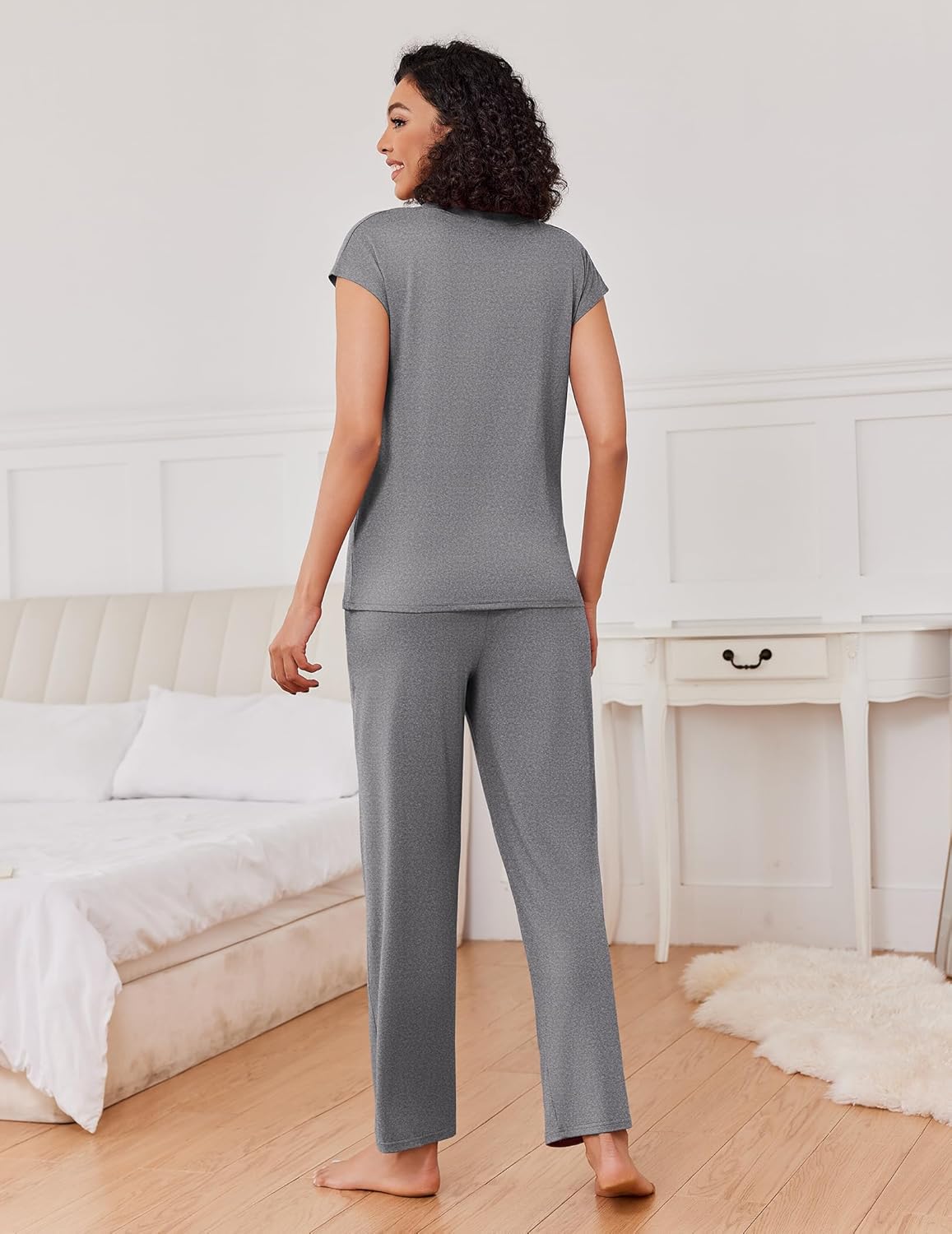 Solid gray pajama set with cap-sleeve top and long pants, back view