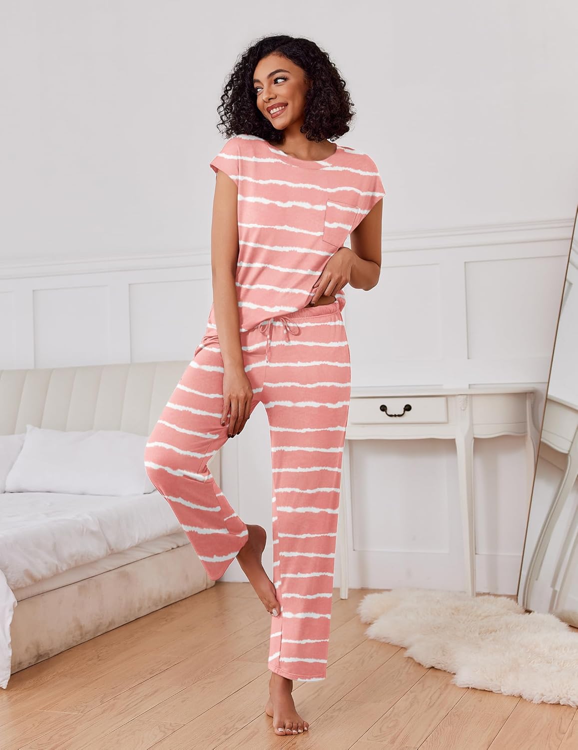 Cap-sleeve pajama set with matching drawstring waist pants, pink and white stripe print