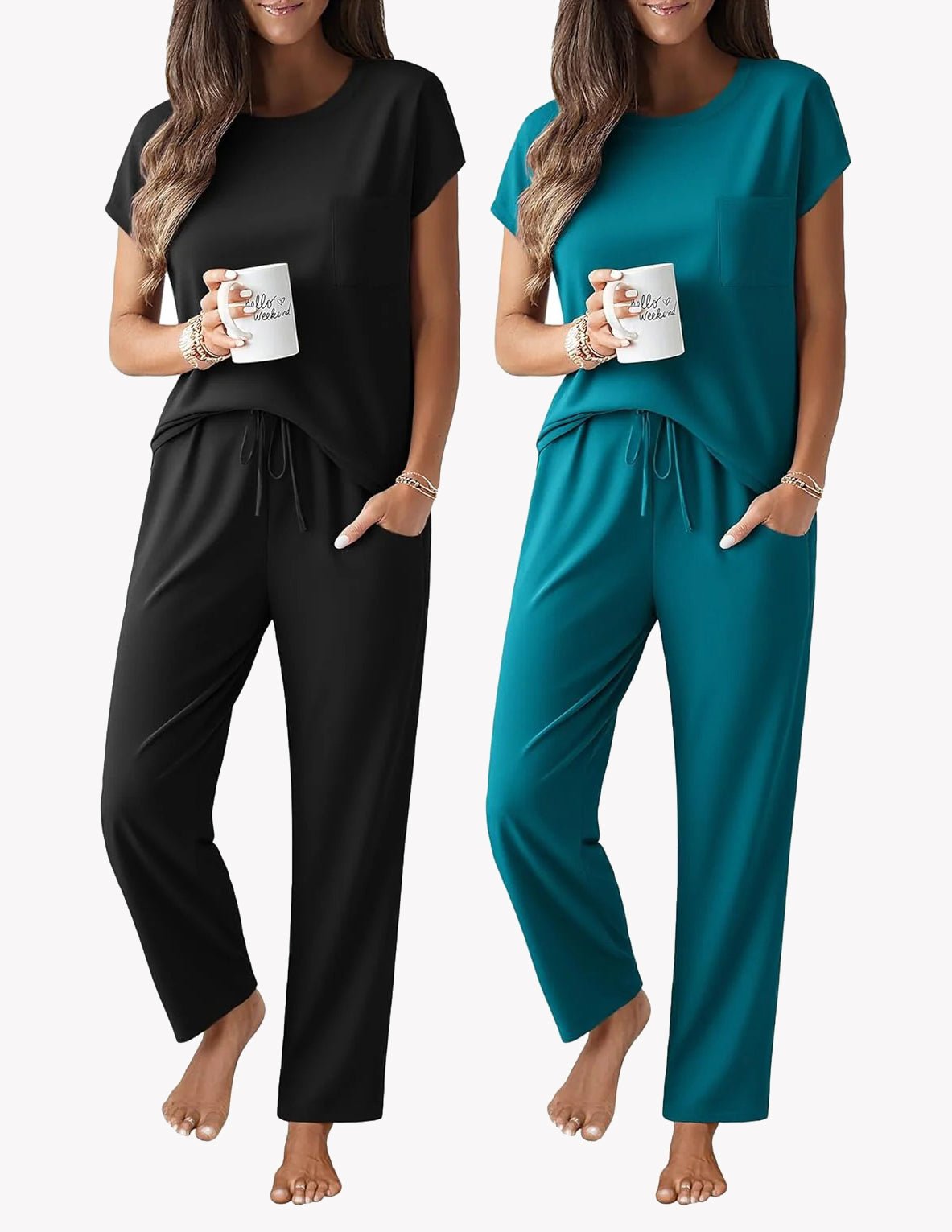 2-pack cap sleeve top and jogger pants set in black and teal