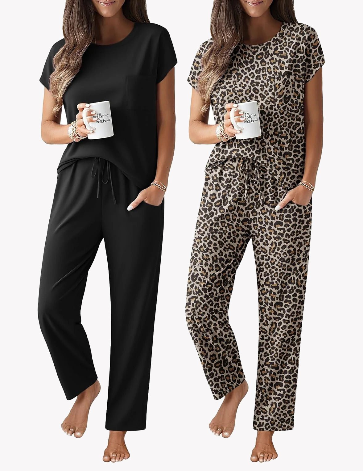 2-pack pajama set: black cap-sleeve top with drawstring pants; leopard print top and pants