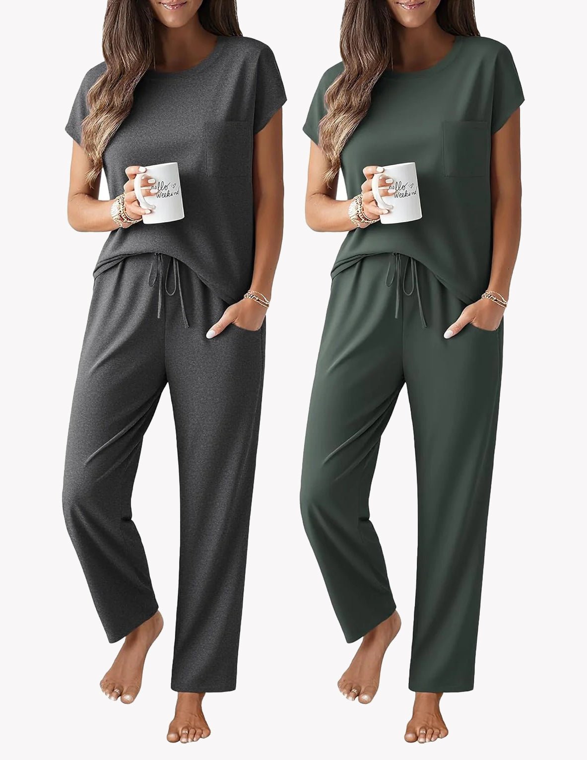 2-pack pajama set: charcoal cap-sleeve top with drawstring pants; deep green matching set
