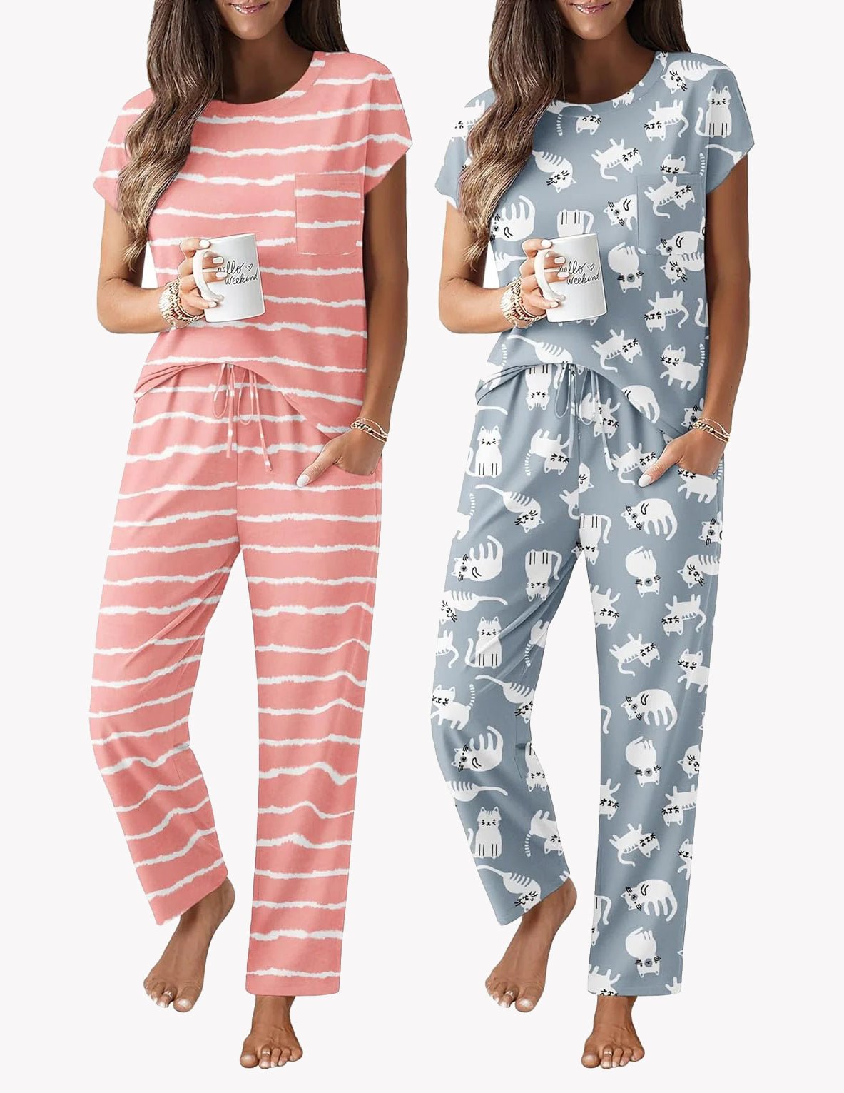 2-pack pajama set: pink striped cap-sleeve top with drawstring pants; blue cat print pants