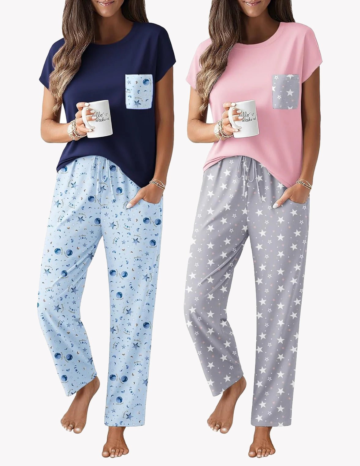 2-pack pajama set: navy top with star pocket and light blue star pants; pink star pants