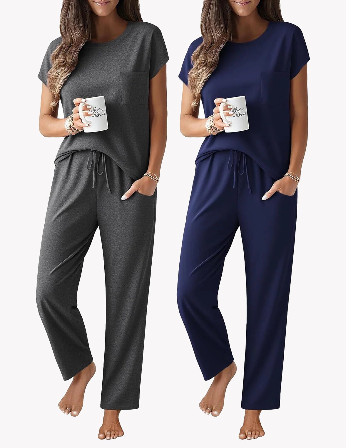 2-pack pajama sets: dark gray and navy cap-sleeve tops with long drawstring pants