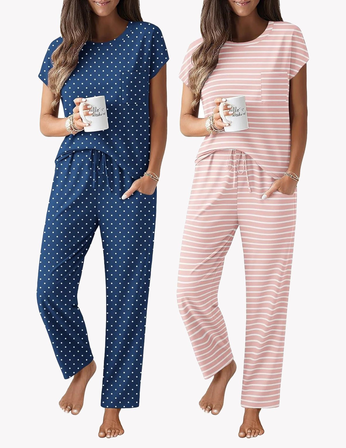 2-pack pajama set: navy dot cap-sleeve top with drawstring pants; pink striped pants