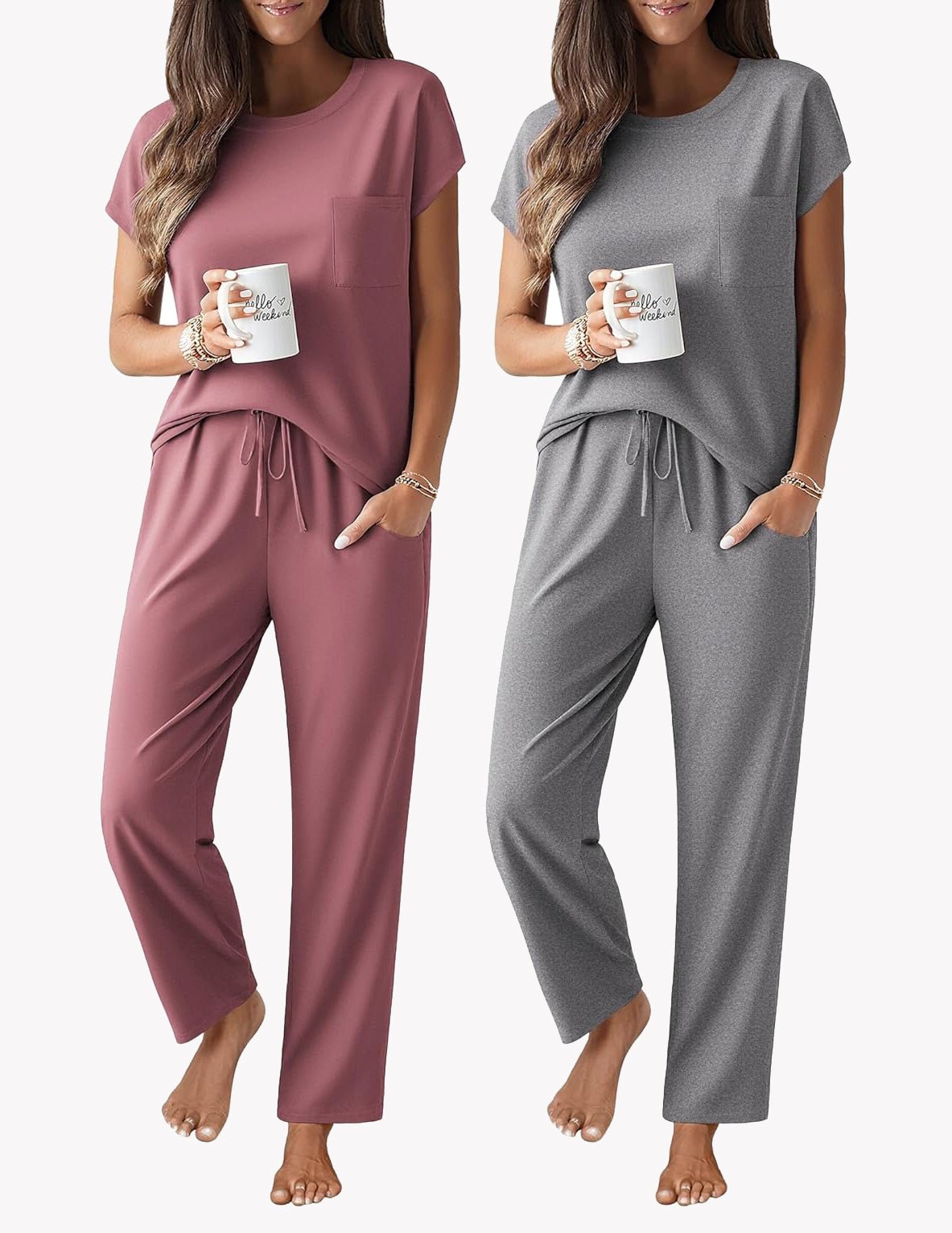 2-pack pajama set: mauve pocket cap-sleeve top with drawstring pants; heather gray set