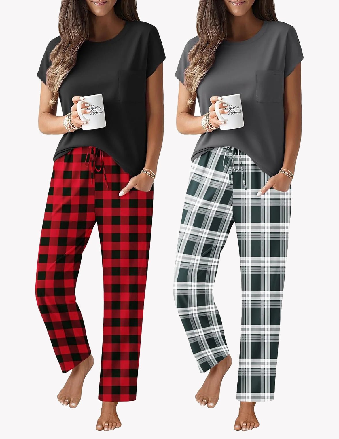 2-pack pajama set: black cap-sleeve top with red plaid drawstring pants; gray/green plaid set