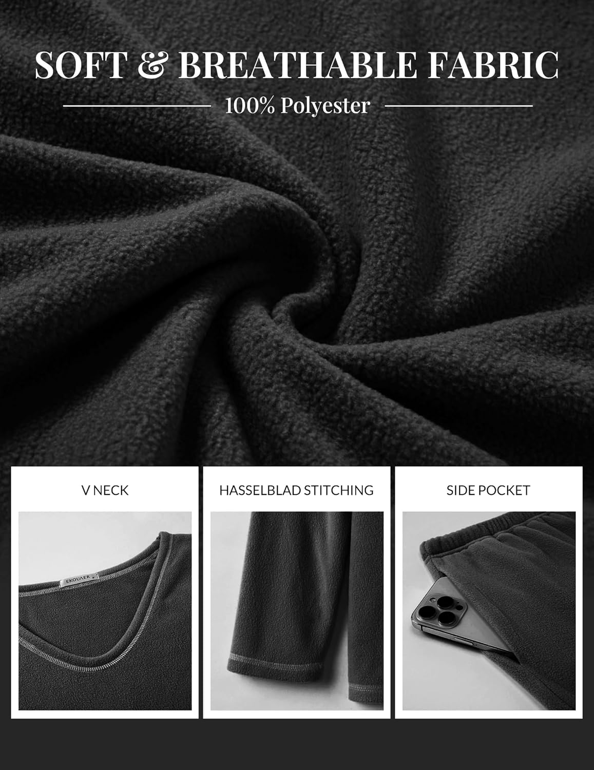 Black fuzzy fabric close-up; soft plush texture with V-neck and side pocket details